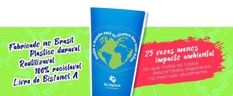 copo eco em um fundo verde com palavras ao lado; copo reutilizável