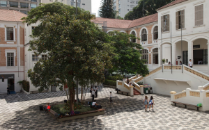 foto do lado de fora do Colégio Dante Alighieri, com pessoas e arvore no patio
