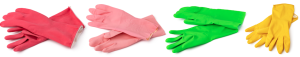 luvas coloridas rosa vermelho verde amarelo em um fundo branco