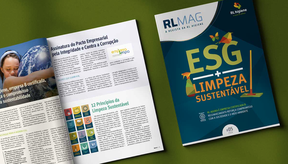 revista rlmag aberta em cima de um fundo verde com uma pagina sobre os principios da limpeza sustentavel propondo discutir o significado do esg para empresas